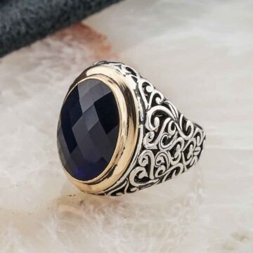 925 Ayar Gümüş Mavi Zirkon Taşlı Erkek Yüzük Model 9