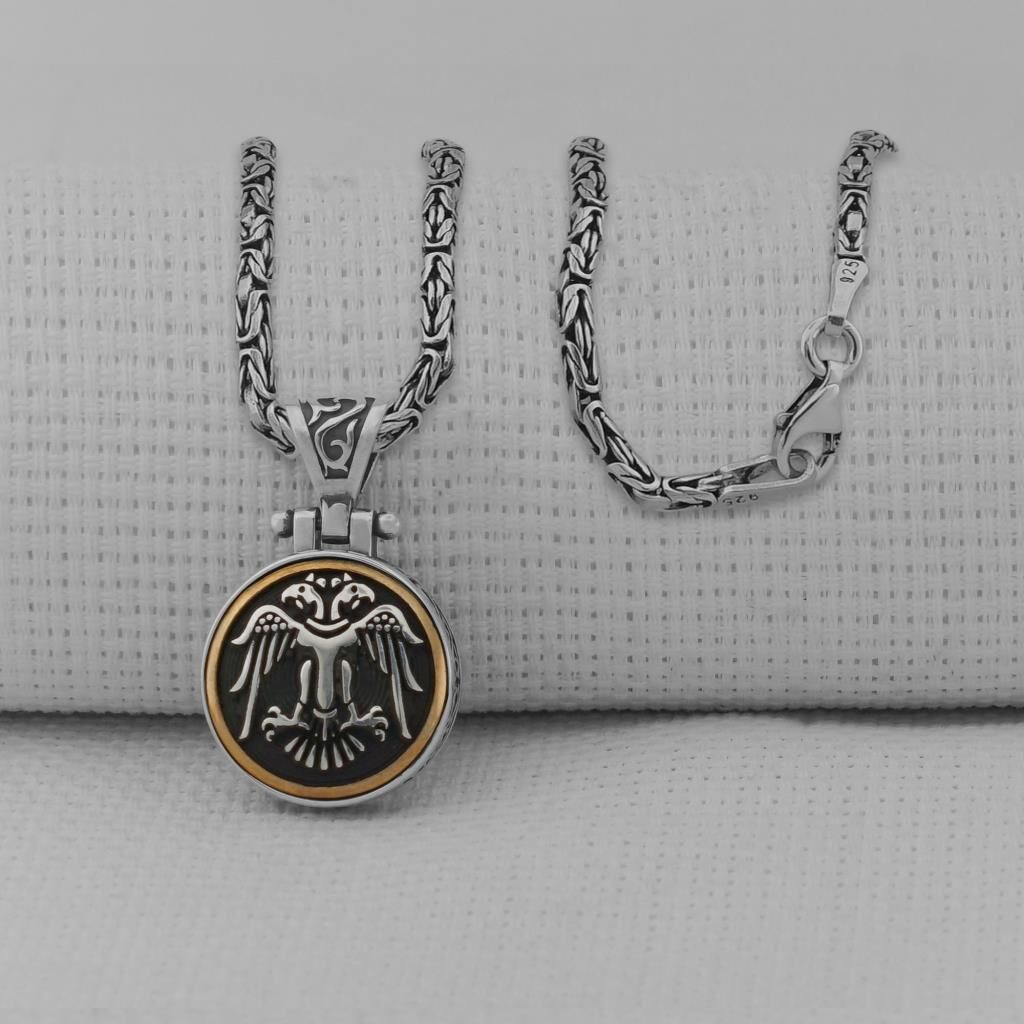 Çift Başlı Selçuklu Kartalı Kral Zincirli Ortası Dönen 925 Ayar Gümüş Kolye