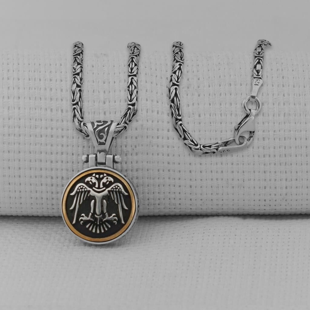 Çift Başlı Selçuklu Kartalı Kral Zincirli Ortası Dönen 925 Ayar Gümüş Kolye