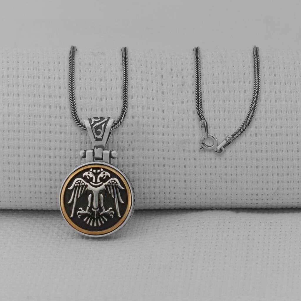 Çift Başlı Selçuklu Kartalı Ortası Dönen 925 Ayar Gümüş Kolye