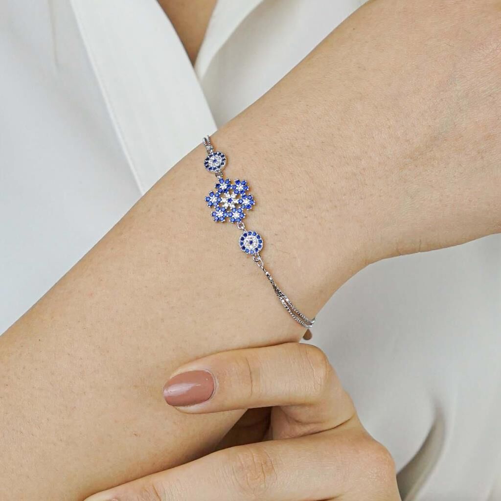 925 Ayar Gümüş Nazar Boncuklu Kar Tanesi Bayan Bileklik