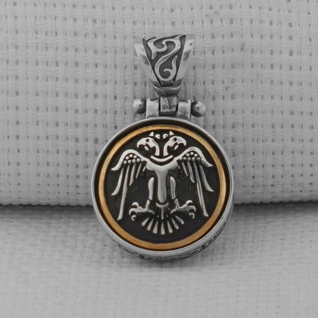 Çift Başlı Selçuklu Kartalı Ortası Dönen 925 Ayar Gümüş Kolye Ucu