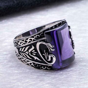 925 Ayar gümüş Mor Zirkon Taşlı Vav Figürlü Yüzük