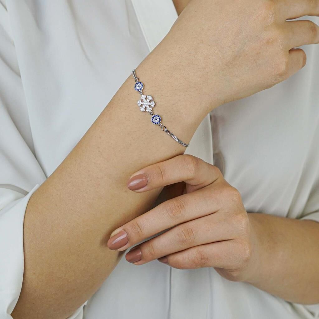 925 Ayar Gümüş Nazar Boncuklu Kar Tanesi  Bayan Bileklik