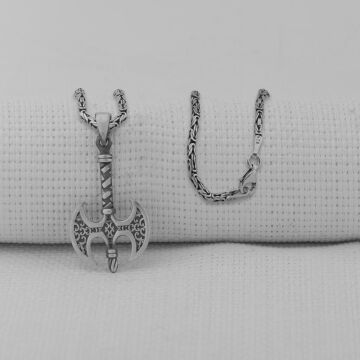 Çift Taraflı Balta Tasarımlı Kalın 925 Ayar Gümüş Kolye