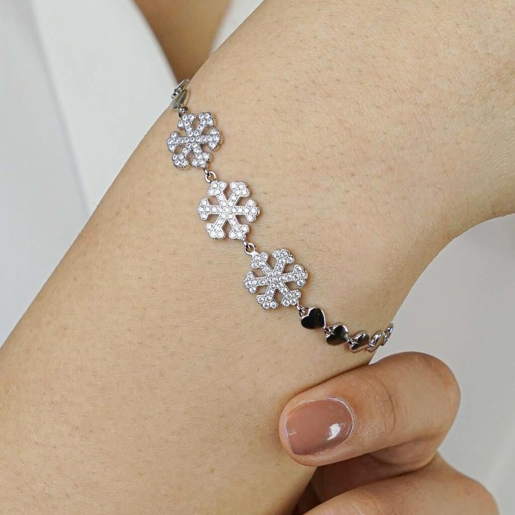 925 Ayar Gümüş Kar Tanesi Kalpli Bayan Bileklik