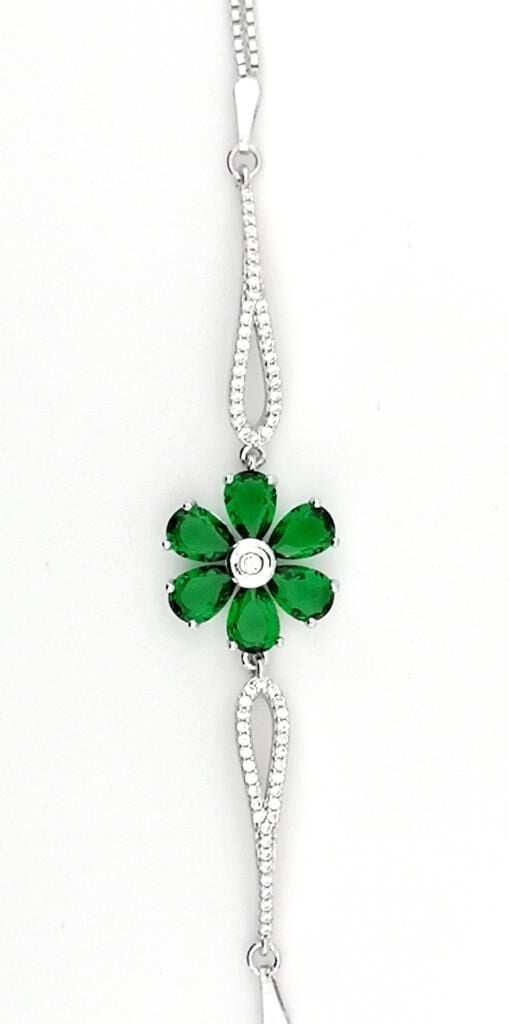 Zümrüt Yeşili Çiçek Tasarımlı Gümüş Bileklik 18 CM