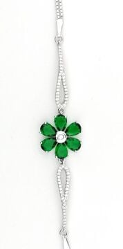 Zümrüt Yeşili Çiçek Tasarımlı Gümüş Bileklik 18 CM