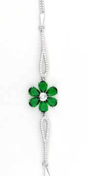 Zümrüt Yeşili Çiçek Tasarımlı Gümüş Bileklik 18 CM