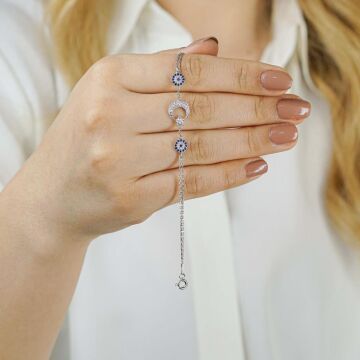 925 Ayar Gümüş Nazar Boncuklu  Ay Yıldız Bayan  Bileklik