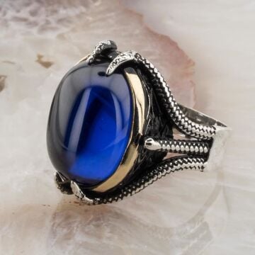 Mavi Zirkon Taşlı Kartal Pençesi Erkek Gümüş Yüzük