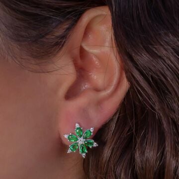 Yeşil Zirkon Taşlı Lotus Çiçeği Gümüş Küpe