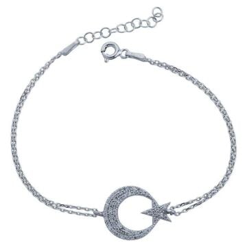 925 Ayar Gümüş Zirkon Taşlı Ay Yıldız Bayan  Bileklik