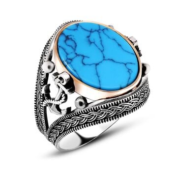 925 Ayar Gümüş Firuze Taşlı Çapa Desenli Erkek Yüzük