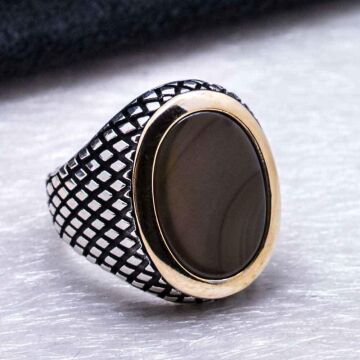 925 Ayar Gümüş Oval Akik Taşlı Erkek Yüzük