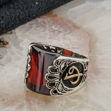 Kırmızı Taşlı Elif Vav  Erkek Gümüş Yüzük