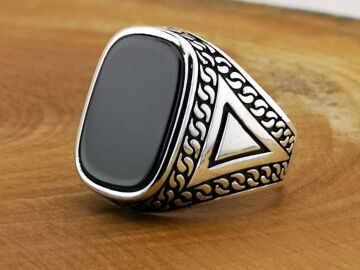 Siyah Oniks Taşlı Oval Dikdörtgen Tasarımlı 925 Ayar Gümüş Yüzük