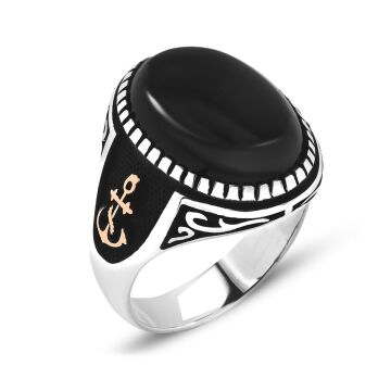 925 Ayar Çapa Desenli Oval Bombeli Oniks Taşlı Erkek Gümüş Yüzük