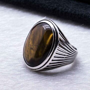 Kaplan Gözü Taşlı Gümüş Erkek Yüzük Model-2