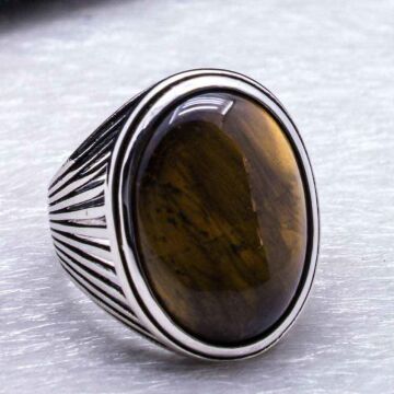 Kaplan Gözü Taşlı Gümüş Erkek Yüzük Model-2