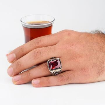 Kırmızı Zirkon Taşlı 925 Ayar Gümüş Erkek Yüzük