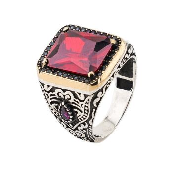 Kırmızı Zirkon Taşlı 925 Ayar Gümüş Erkek Yüzük