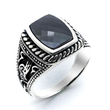 Siyah Zirkon Taşlı Osmanlı Tuğra Motifli 925 Ayar Gümüş ErkekYüzük