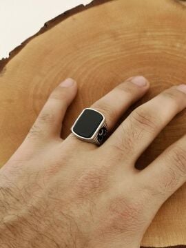 Üç Hilal Tasarımlı Siyah Oniks Taşlı 925 Ayar Gümüş Yüzük