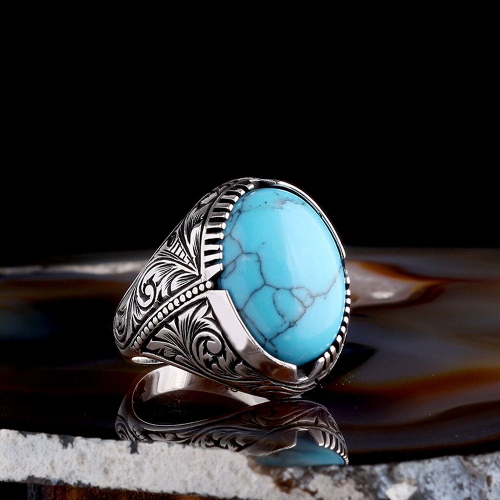 TURKUAZ TAŞLI KALEM İŞLEME DESENLİ 925 AYAR GÜMÜŞ ERKEK YÜZÜK