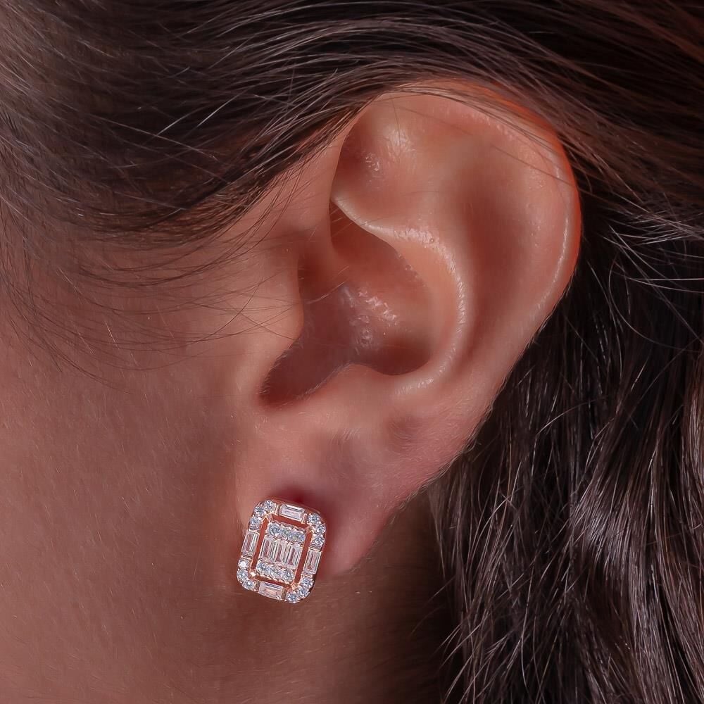 Baget Taşlı Rose Kaplamalı 925 Ayar Gümüş J Küpe