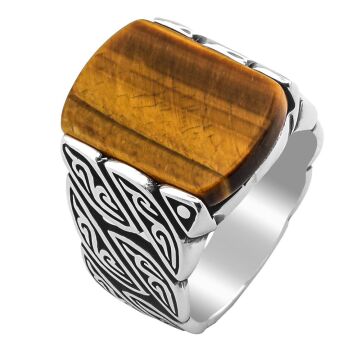 Kaplan Gözü Taşlı Örgü Desenli 925 Ayar Gümüş Yüzük