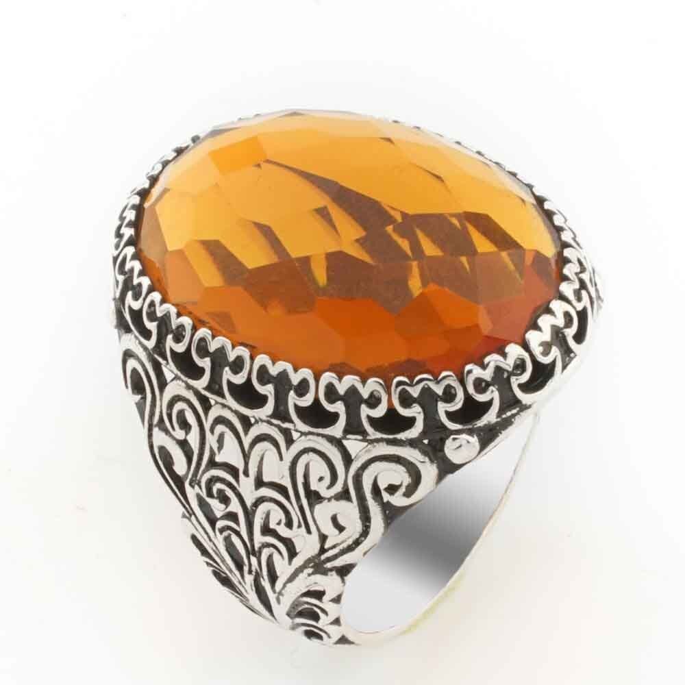 925 Ayar Gümüş  Sarı Zirkon  Taşlı Erkek  Yüzük Model 8