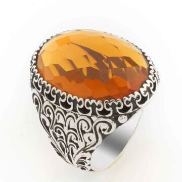 925 Ayar Gümüş  Sarı Zirkon  Taşlı Erkek  Yüzük Model 8