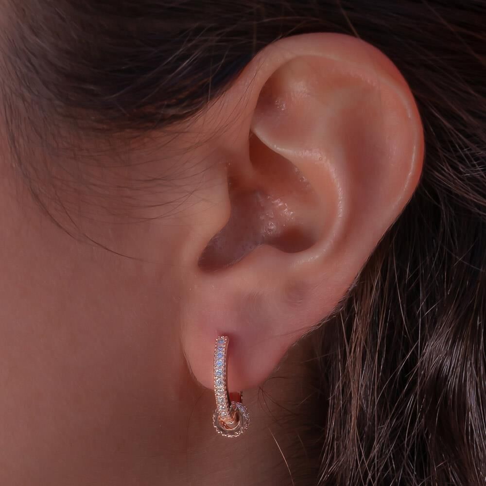 Beyaz Zirkon Taşlı Rose Kaplamalı Halka İçerisinde Gümüş Halka Küpe