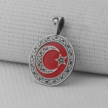 Gravür İşlemeli 925 Ayar Gümüş Büyük Boy Ay Yıldız Kolye Ucu