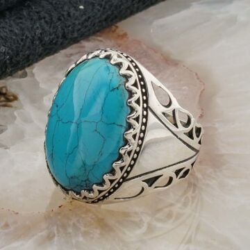 925 Ayar Gümüş Oval Firuze Taşlı Erkek Yüzük Model 3