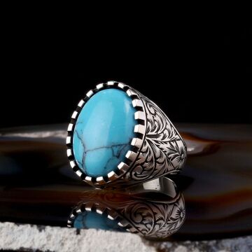 TURKUAZ TAŞLI KALEM İŞLEME MOTİFLİ 925 AYAR GÜMÜŞ ERKEK YÜZÜK