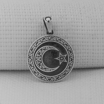 Gravür İşlemeli Siyah 925 Ayar Erkek Gümüş Büyük Boy Ay Yıldız Kolye Ucu