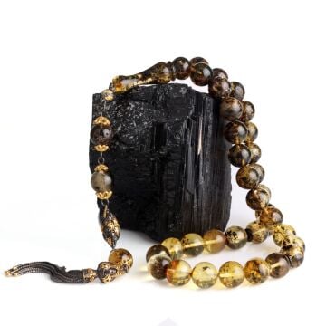 11 mm Fosilli Damla Kehribar Tesbih Çift Renk 925 Ayar Gümüş Püsküllü