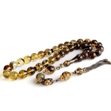 11 mm Fosilli Damla Kehribar Tesbih Çift Renk 925 Ayar Gümüş Püsküllü