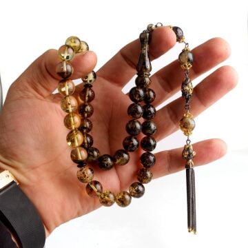 11 mm Fosilli Damla Kehribar Tesbih Çift Renk 925 Ayar Gümüş Püsküllü