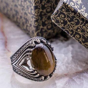 925 Ayar gümüş Oval Bombeli Kaplan Gözü Taşlı Yüzük