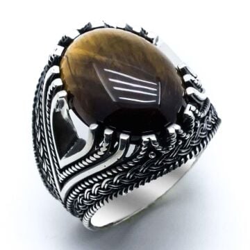 925 Ayar gümüş Oval Bombeli Kaplan Gözü Taşlı Yüzük