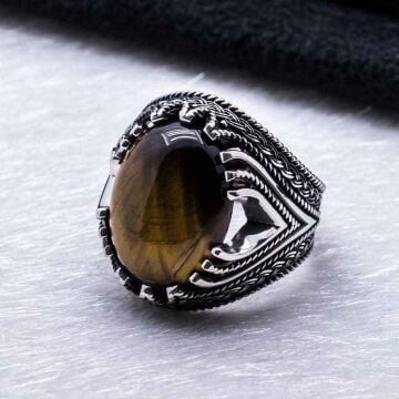 925 Ayar gümüş Oval Bombeli Kaplan Gözü Taşlı Yüzük