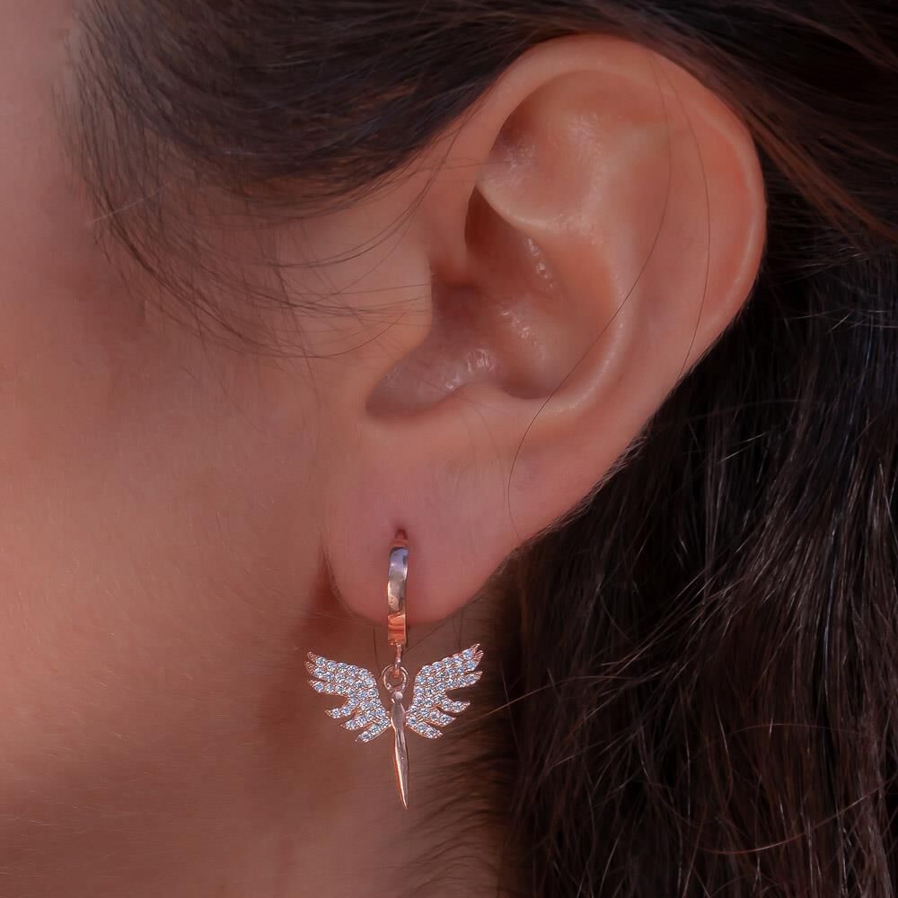 Melek Tasarımlı Rose Kaplama Sallantılı 925 Ayar Gümüş Küpe