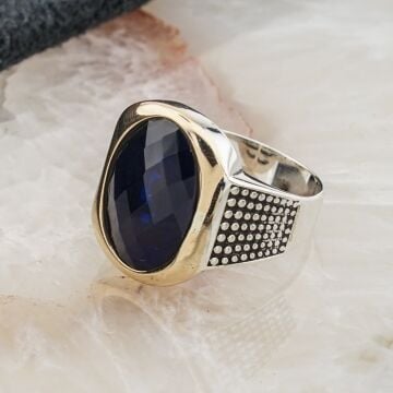 925 Ayar Gümüş Mavi Zirkon Taşlı Gümüş  Erkek Yüzük Model 14