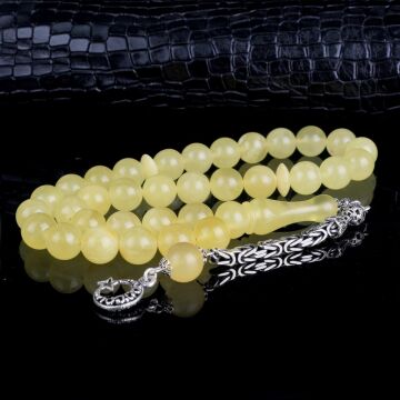 10 MM Mat Renk Orjinal Damla Kehribar Tesbih 925 Ayar Gümüş Püsküllü