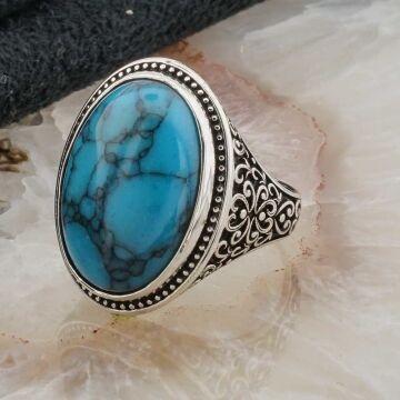 925 Ayar Gümüş Oval Firuze Taşlı Erkek Yüzük