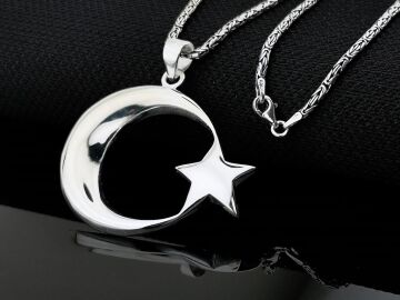 Büyük Boy Şanlı Ay Yıldızımız Tasarımlı Kral Zincirli 925 Ayar Gümüş Kolye