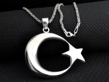 Büyük Boy Şanlı Ay Yıldızımız Tasarımlı Kral Zincirli 925 Ayar Gümüş Kolye